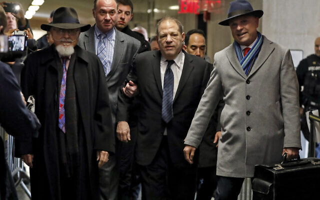 Harvey Weinstein, center, accompanied by attorney Arthur Aidala, right, arrives at court for his rape trial, in New York on January 22, 2020. (AP/Richard Drew) Harvey Weinstein, center, accompanied by attorney Arthur Aidala, right, arrives at court for his rape trial, in New York on January 22, 2020. (AP/Richard Drew)