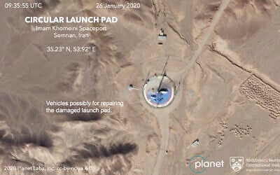 This Jan. 26, 2020, satellite image from Planet Labs Inc. that has been annotated by experts at the James Martin Center for Nonproliferation Studies at Middlebury Institute of International Studies shows preparations at a rocket launch pad at the Imam Khomeini Space Center in Iran's Semnan province. (Planet Labs Inc, Middlebury Institute of International Studies via AP)