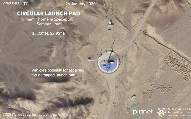 This Jan. 26, 2020, satellite image from Planet Labs Inc. that has been annotated by experts at the James Martin Center for Nonproliferation Studies at Middlebury Institute of International Studies shows preparations at a rocket launch pad at the Imam Khomeini Space Center in Iran's Semnan province. (Planet Labs Inc, Middlebury Institute of International Studies via AP) This Jan. 26, 2020, satellite image from Planet Labs Inc. that has been annotated by experts at the James Martin Center for Nonproliferation Studies at Middlebury Institute of International Studies shows preparations at a rocket launch pad at the Imam Khomeini Space Center in Iran's Semnan province. (Planet Labs Inc, Middlebury Institute of International Studies via AP)