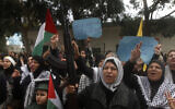 Palestinians protest against the White House plan for ending the Israeli-Palestinian conflict, at Rashidiyeh Palestinian refugee camp, southern Lebanon, on January 29, 2020.  (AP/Mohammed Zaatari)