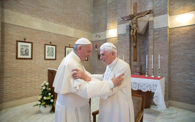 In this photo taken on June 28, 2017, Pope Francis (L) embraces Emeritus Pope Benedict XVI, at the Vatican. (L'Osservatore Romano/Pool Photo via AP) In this photo taken on June 28, 2017, Pope Francis (L) embraces Emeritus Pope Benedict XVI, at the Vatican. (L'Osservatore Romano/Pool Photo via AP)