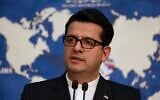 In this May 28, 2019 photo, Iran's Foreign Ministry spokesman Abbas Mousavi speaks at a press conference in Tehran, Iran (AP Photo/Vahid Salemi)