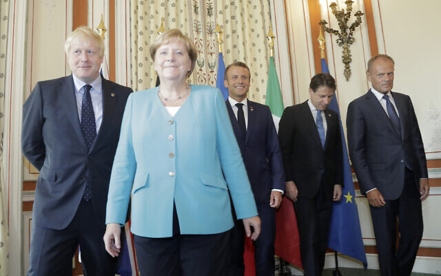 From the left, Britain's Prime Minister Boris Johnson, German Chancellor Angela Merkel, French President Emmanuel Macron, Italian Premier Giuseppe Conte and President of the European Council Donald Tusk pose during a G7 coordination meeting with the Group of Seven European members at the Hotel du Palais in Biarritz, southwestern France, Saturday, Aug.24, 2019. (AP Photo/Markus Schreiber, Pool) From the left, Britain's Prime Minister Boris Johnson, German Chancellor Angela Merkel, French President Emmanuel Macron, Italian Premier Giuseppe Conte and President of the European Council Donald Tusk pose during a G7 coordination meeting with the Group of Seven European members at the Hotel du Palais in Biarritz, southwestern France, Saturday, Aug.24, 2019. (AP Photo/Markus Schreiber, Pool)