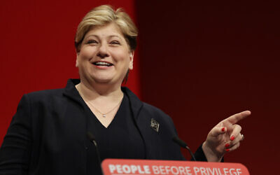 Britain's main opposition Labour Party Shadow Foreign Secretary Emily Thornberry speaks on stage during the Labour Party Conference at the Brighton Centre in Brighton, England, Monday, Sept. 23, 2019. (AP Photo/Kirsty Wigglesworth)