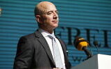 FILE: Washington Post owner and Amazon CEO Jeff Bezos talks during a ceremony near the Saudi Arabia consulate in Istanbul, marking the one-year anniversary of Saudi journalist Jamal Khashoggi death, October 2, 2019. (Lefteris Pitarakis/AP)