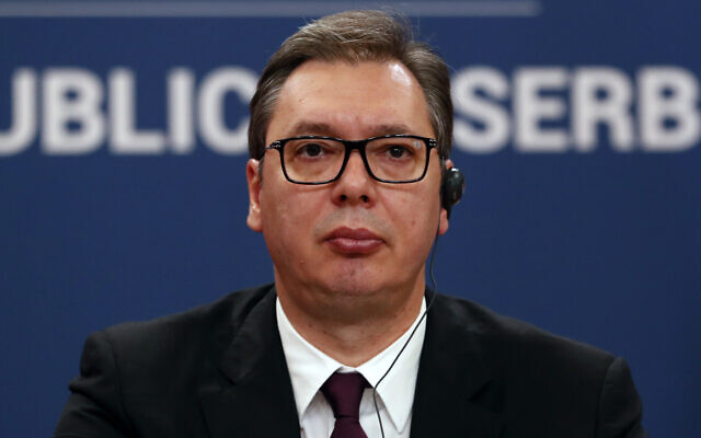 Serbian President Aleksandar Vucic at a news conference in Belgrade, Serbia, October 7, 2019. (AP Photo/Darko Vojinovic) Serbian President Aleksandar Vucic at a news conference in Belgrade, Serbia, October 7, 2019. (AP Photo/Darko Vojinovic)