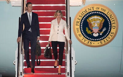 White House Senior Adviser Jared Kushner and his wife Ivanka Trump, the daughter and senior adviser to President Donald Trump, depart Air Force One, October 18, 2019, at Andrews Air Force Base, Maryland, following a trip to Texas. (AP Photo/Kevin Wolf)