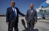 In this Sept. 18, 2019, file photo, US President Donald Trump and new national security adviser Robert C. O'Brien talk with reporters before boarding Air Force One in Los Angeles. (AP/Evan Vucci)