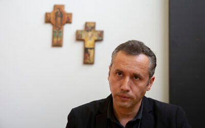 Roberto Alvim, then-director of theater, dance and opera at the Brazil's National Arts Foundation, poses for pictures in Brasilia, Brazil, Friday, Oct. 25, 2019.  (AP Photo/Eraldo Peres)