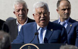 Palestinian president Mahmud Abbas gives a speech in the West Bank city of Ramallah, November 11, 2019. (Majdi Mohammed/AP)