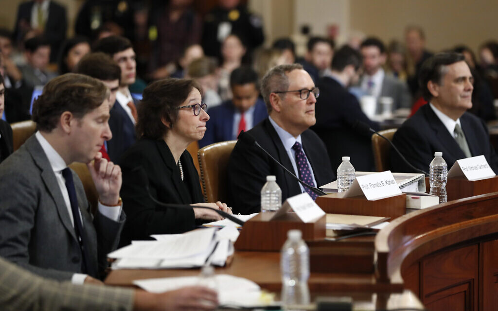 From left, Constitutional law experts, Harvard Law School professor Noah Feldman, Stanford Law School professor Pamela Karlan, University of North Carolina Law School professor Michael Gerhardt and George Washington University Law School professor Jonathan Turley testify during a hearing before the House Judiciary Committee on the constitutional grounds for the impeachment of President Donald Trump, on Capitol Hill in Washington, Wednesday, December 4, 2019. (AP Photo/Andrew Harnik)