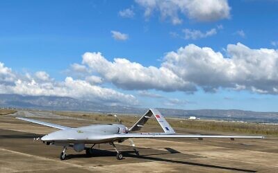 A Turkish-made Bayraktar TB2 drone is seen shortly after its landing at an airport in Gecitkala, known as Lefkoniko in Greek, in Cyprus on December 16, 2019. (DHA via AP)