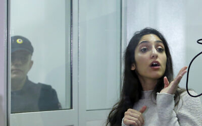 Israeli Naama Issachar gestures during an appeal hearings in a courtroom in Moscow, Russia, Thursday, Dec. 19, 2019. (AP/Alexander Zemlianichenko Jr.)