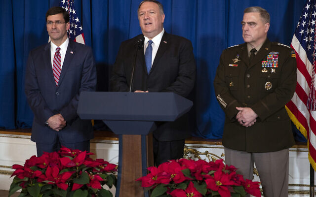 Secretary of Defense Mark Esper, left, and Chairman of the Joint Chiefs of Staff Gen. Mark Milley, right, listen as Secretary of State Mike Pompeo delivers a statement on Iraq and Syria, at President Donald Trump's Mar-a-Lago property, Sunday, Dec. 29, 2019, in Palm Beach, Fla. (AP Photo/ Evan Vucci) Secretary of Defense Mark Esper, left, and Chairman of the Joint Chiefs of Staff Gen. Mark Milley, right, listen as Secretary of State Mike Pompeo delivers a statement on Iraq and Syria, at President Donald Trump's Mar-a-Lago property, Sunday, Dec. 29, 2019, in Palm Beach, Fla. (AP Photo/ Evan Vucci)