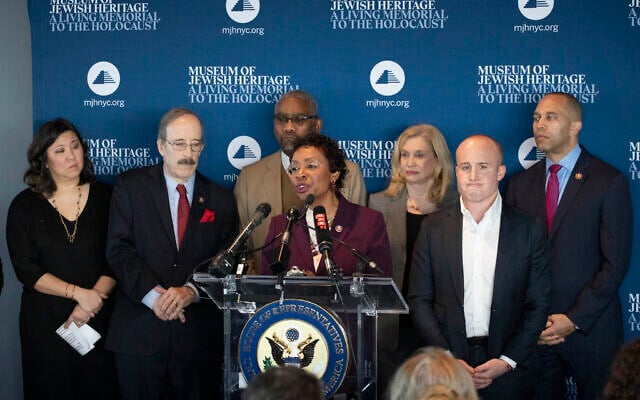 Democratic Representative Yvette Clarke of New York speaks at the Museum of Jewish Heritage, January 2, 2020, in New York. Behind her, from left, are fellow Democratic Rep.s Grace Meng, Eliot Engel, Gregory Meeks, Carolyn Maloney, Max Rose, and Hakeem Jeffries. (AP Photo/Mark Lennihan) Democratic Representative Yvette Clarke of New York speaks at the Museum of Jewish Heritage, January 2, 2020, in New York. Behind her, from left, are fellow Democratic Rep.s Grace Meng, Eliot Engel, Gregory Meeks, Carolyn Maloney, Max Rose, and Hakeem Jeffries. (AP Photo/Mark Lennihan)