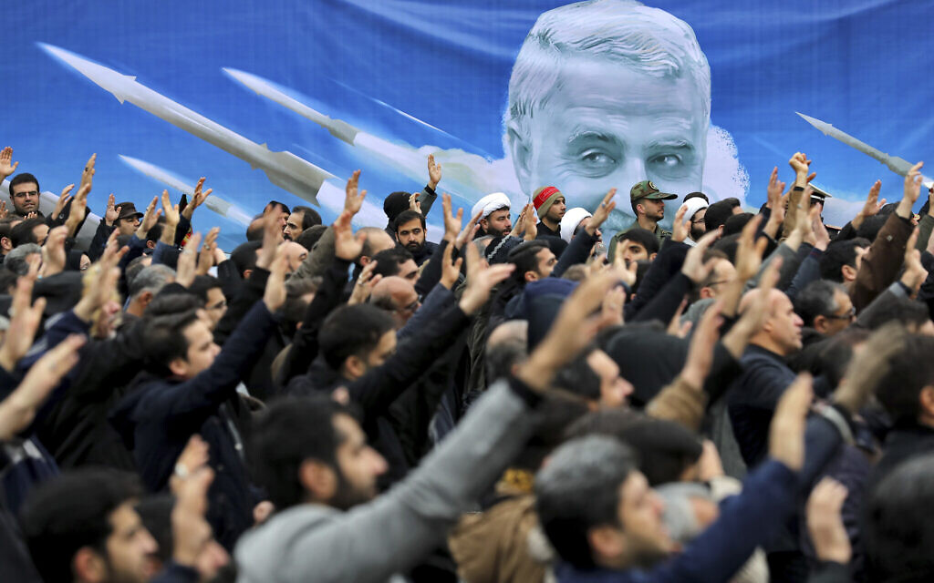 Protesters demonstrate over the US airstrike in Iraq that killed Iranian Revolutionary Guard Gen. Qassem Soleimani in Tehran, Iran, January 4, 2020. (Ebrahim Noroozi/AP) Protesters demonstrate over the US airstrike in Iraq that killed Iranian Revolutionary Guard Gen. Qassem Soleimani in Tehran, Iran, January 4, 2020. (Ebrahim Noroozi/AP)