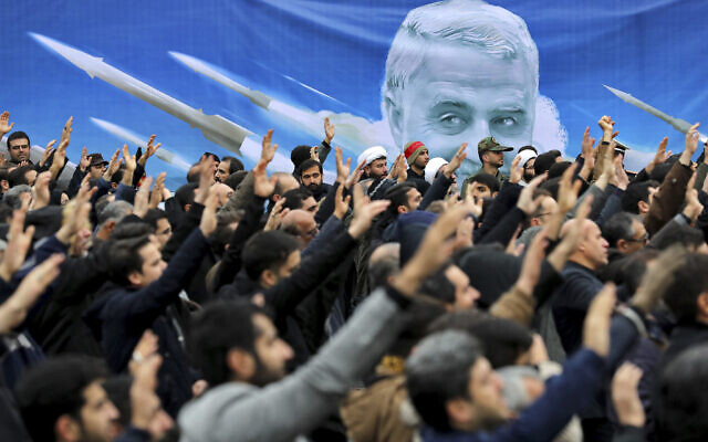 Protesters demonstrate over the US airstrike in Iraq that killed Iranian Revolutionary Guard Gen. Qassem Soleimani in Tehran, Iran, January 4, 2020. (Ebrahim Noroozi/AP) Protesters demonstrate over the US airstrike in Iraq that killed Iranian Revolutionary Guard Gen. Qassem Soleimani in Tehran, Iran, January 4, 2020. (Ebrahim Noroozi/AP)