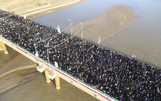 Mourners attend a funeral ceremony for Gen. Qassem Soleimani, who was killed in Iraq in a US drone strike, held in the southwestern city of Ahvaz, Iran, Jan. 5, 2020. (Morteza Jaberian/Mehr News Agency via AP)