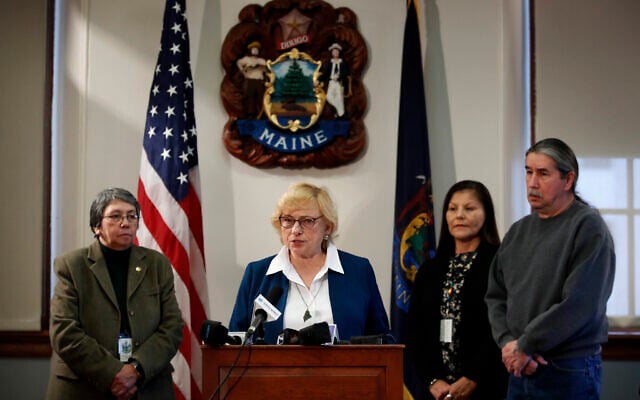 Maine Gov. Janet Mills speaks to reporters before signing papers to posthumously pardon Don Gellers, a Passamaquoddy tribal lawyer convicted of marijuana possession, at the Statehouse in Augusta, Maine, January 7, 2020. (Robert F. Bukaty/AP) Maine Gov. Janet Mills speaks to reporters before signing papers to posthumously pardon Don Gellers, a Passamaquoddy tribal lawyer convicted of marijuana possession, at the Statehouse in Augusta, Maine, January 7, 2020. (Robert F. Bukaty/AP)