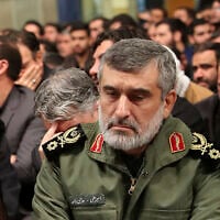 Gen. Amir Ali Hajizadeh, the head of the Revolutionary Guard's aerospace division, attends a mourning ceremony for general Qassem Soleimani on January 9, 2020, a day after his forces shot down a Ukrainian airliner, in Tehran, Iran. (Office of the Iranian Supreme Leader via AP)