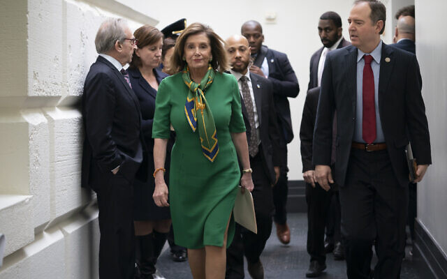 Speaker of the US House Nancy Pelosi (L), joined by House Intelligence Committee Chairman Adam Schiff, leaves a lengthy closed-door meeting with the Democratic Caucus at the Capitol in Washington, January 14, 2020. (AP Photo/J. Scott Applewhite) Speaker of the US House Nancy Pelosi (L), joined by House Intelligence Committee Chairman Adam Schiff, leaves a lengthy closed-door meeting with the Democratic Caucus at the Capitol in Washington, January 14, 2020. (AP Photo/J. Scott Applewhite)