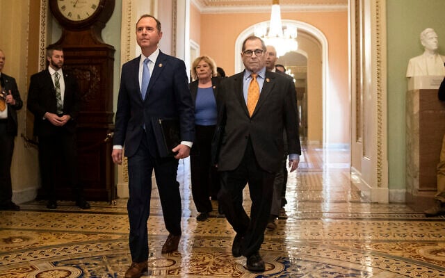 House Intelligence Committee Chairman Adam Schiff, Democrat-California, front left, and House Judiciary Committee Chairman, Rep. Jerrold Nadler, Democrat-New York, and other House impeachment managers, walk to the Senate chamber on Capitol Hill in Washington, January 16, 2020. (Matt Rourke/AP) House Intelligence Committee Chairman Adam Schiff, Democrat-California, front left, and House Judiciary Committee Chairman, Rep. Jerrold Nadler, Democrat-New York, and other House impeachment managers, walk to the Senate chamber on Capitol Hill in Washington, January 16, 2020. (Matt Rourke/AP)