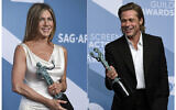 This combination photo shows Jennifer Aniston with the award for outstanding performance by a female actor in a drama series for 'The Morning Show,' left, and Brad Pitt with the award for outstanding performance by a male actor in a supporting role for 'Once Upon a Time in Hollywood' at the 26th annual Screen Actors Guild Awards at the Shrine Auditorium and Expo Hall on Jan. 19, 2020, in Los Angeles. (Jordan Strauss/Invision/AP)