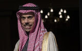 Saudi Arabia's Foreign Minister Prince Faisal bin Farhan attends a meeting in Athens, January 24, 2020. (Petros Giannakouris/AP)