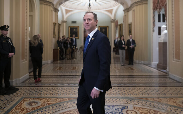 Rep. Adam Schiff arrives at the Senate as work resumes in the impeachment trial of US President Donald Trump at the Capitol in Washington, January 25, 2020. (J. Scott Applewhite/AP) Rep. Adam Schiff arrives at the Senate as work resumes in the impeachment trial of US President Donald Trump at the Capitol in Washington, January 25, 2020. (J. Scott Applewhite/AP)