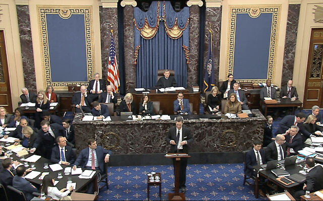In this image from video, White House deputy counsel Patrick Philbin speaks during the impeachment trial against Trump in the Senate at the U.S. Capitol in Washington, Saturday, January 25, 2020. (Senate Television via AP) In this image from video, White House deputy counsel Patrick Philbin speaks during the impeachment trial against Trump in the Senate at the U.S. Capitol in Washington, Saturday, January 25, 2020. (Senate Television via AP)