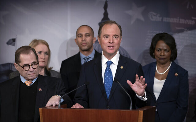House Democratic impeachment managers, from left, House Judiciary Committee Chairman Jerrold Nadler, D-N.Y., Rep. Sylvia Garcia, D-Texas, Rep. Hakeem Jeffries, D-N.Y., House Intelligence Committee Chairman Adam Schiff, D-Calif., and Rep. Val Demings, D-Fla., speak at the Capitol in Washington, to discuss the impeachment trial of President Donald Trump on charges of abuse of power and obstruction of Congress, Saturday, Jan. 25, 2020. (AP Photo/J. Scott Applewhite) House Democratic impeachment managers, from left, House Judiciary Committee Chairman Jerrold Nadler, D-N.Y., Rep. Sylvia Garcia, D-Texas, Rep. Hakeem Jeffries, D-N.Y., House Intelligence Committee Chairman Adam Schiff, D-Calif., and Rep. Val Demings, D-Fla., speak at the Capitol in Washington, to discuss the impeachment trial of President Donald Trump on charges of abuse of power and obstruction of Congress, Saturday, Jan. 25, 2020. (AP Photo/J. Scott Applewhite)