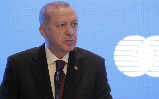 Turkish President Recep Tayyip Erdogan attends a press conference after his talks with Algerian President Abdelmadjid Tebboune, in Algiers, January 26, 2020. (Fateh Guidoum/AP) Turkish President Recep Tayyip Erdogan attends a press conference after his talks with Algerian President Abdelmadjid Tebboune, in Algiers, January 26, 2020. (Fateh Guidoum/AP)