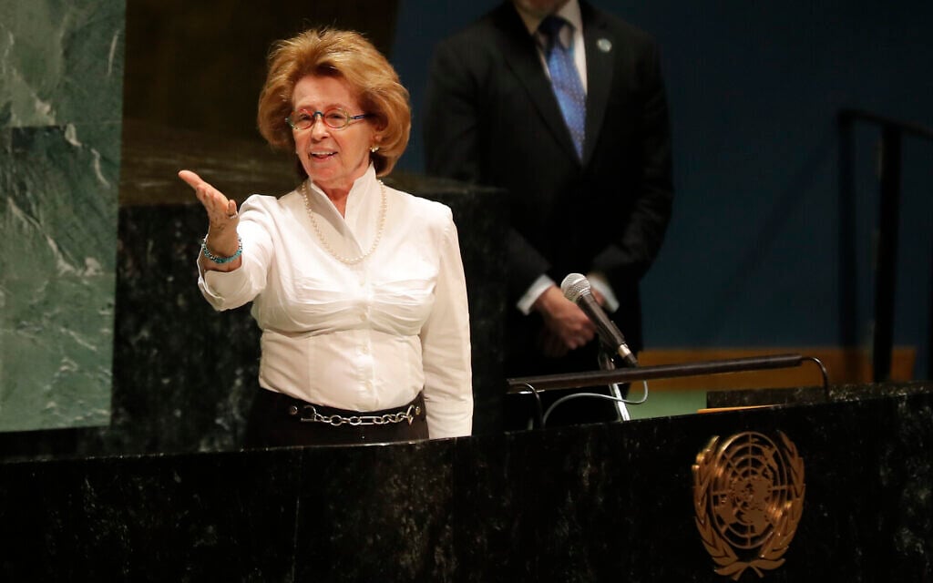Holocaust survivor Irene Shashar acknowledges applause after speaking during a Holocaust memorial event at U.N. headquarters, Monday, January 27, 2020. (AP Photo/Seth Wenig)