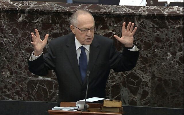 In this image from video, Alan Dershowitz, an attorney for President Donald Trump, speaks during the impeachment trial against Trump in the Senate at the US Capitol in Washington on January 27, 2020. (Senate Television via AP) In this image from video, Alan Dershowitz, an attorney for President Donald Trump, speaks during the impeachment trial against Trump in the Senate at the US Capitol in Washington on January 27, 2020. (Senate Television via AP)