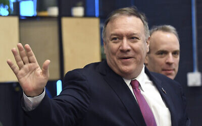 US Secretary of State Mike Pompeo and Britain's Foreign Secretary Dominic Raab visit Epic Games Lab, in London on January 30, 2020. (Stefan Rousseau/Pool Photo via AP)