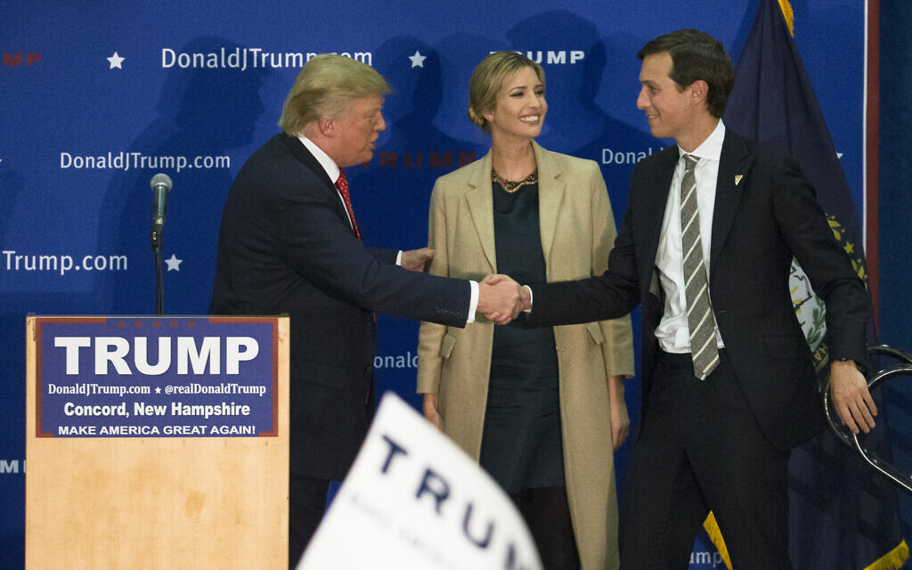 Then-presidential candidate Donald Trump, left, shakes hands with Jared Kushner, right, husband of his daughter Ivanka Trump, center, during a campaign stop at Concord High School, January 18, 2016, in Concord, New Hampshire. (AP Photo/John Minchillo)