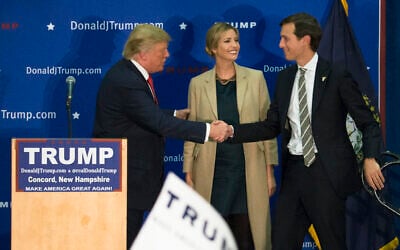 Then-presidential candidate Donald Trump, left, shakes hands with Jared Kushner, right, husband of his daughter Ivanka Trump, center, during a campaign stop at Concord High School, January 18, 2016, in Concord, New Hampshire. (AP Photo/John Minchillo)
