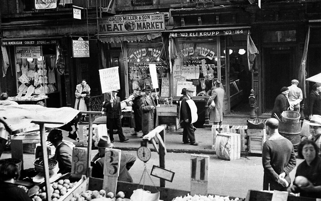 Illustrative: Kosher butchers picket outside a shop in the heart of a Jewish neighborhood on Orchard Street in New York's Lower East Side, October 4, 1937.  (AP Photo)
