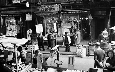 Illustrative: Kosher butchers picket outside a shop in the heart of a Jewish neighborhood on Orchard Street in New York's Lower East Side, October 4, 1937.  (AP Photo)