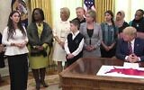 Screen capture from video of high school student Ariana Hoblin, left, telling US President Donald Trump about anti-Semitic bullying she suffered in her school, during a meeting in the Oval Office, at the White House in Washington, January 16, 2020. (YouTube)