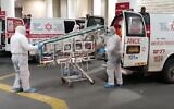 Screen capture from video of a Chinese laborer, suspected of suffering from the cornoavirus, being brought to Barzilai Medical Center, January 2020. (Ynet news)