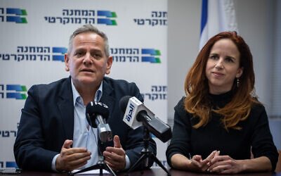 Democratic Camp party leaders MK Nitzan Horowitz, left, and Stav Shaffir at a faction meeting at the Knesset, in Jerusalem, on November 25, 2019. (Hadas Parush/Flash90)