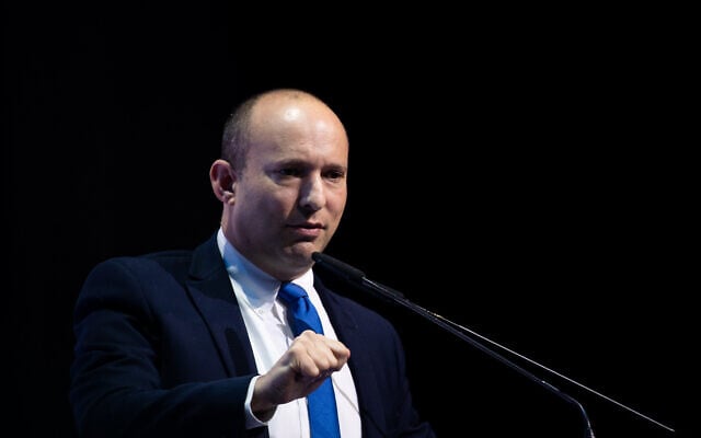 Defense Minister Naftali Bennett speaks at a conference organized by the Makor Rishon newspaper at the International Convention Center in Jerusalem, December 8, 2019. (Yonatan Sindel/Flash90) Defense Minister Naftali Bennett speaks at a conference organized by the Makor Rishon newspaper at the International Convention Center in Jerusalem, December 8, 2019. (Yonatan Sindel/Flash90)