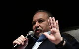 Yisrael Beytenu chairman Avigdor Liberman speaks during a culture event in Glilot, on December 20, 2019. (Tomer Neuberg/Flash90)