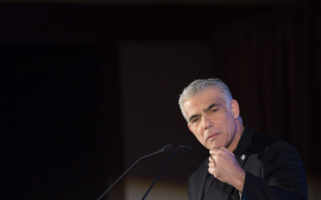 Blue White MK Yair Lapid speaks at the Maariv conference in Herzliya, on December 25, 2019. (Miriam Alster/FLASH90) Blue White MK Yair Lapid speaks at the Maariv conference in Herzliya, on December 25, 2019. (Miriam Alster/FLASH90)