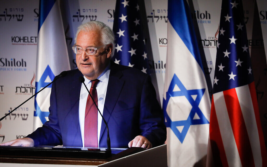 US Ambassador to Israel David Friedman speaks during the Kohelet Forum Conference at the Begin Heritage Center, in Jerusalem, on January 8, 2020. (Olivier Fitoussi/Flash90) US Ambassador to Israel David Friedman speaks during the Kohelet Forum Conference at the Begin Heritage Center, in Jerusalem, on January 8, 2020. (Olivier Fitoussi/Flash90)
