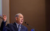 Prime Minister Benjamin Netanyahu speaks during the Kohelet Forum Conference at the Begin Heritage Center, in Jerusalem, on January 8, 2020. (Olivier Fitoussi/Flash90)