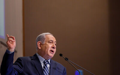 Prime Minister Benjamin Netanyahu speaks during the Kohelet Forum Conference at the Begin Heritage Center, in Jerusalem, on January 8, 2020. (Olivier Fitoussi/Flash90)