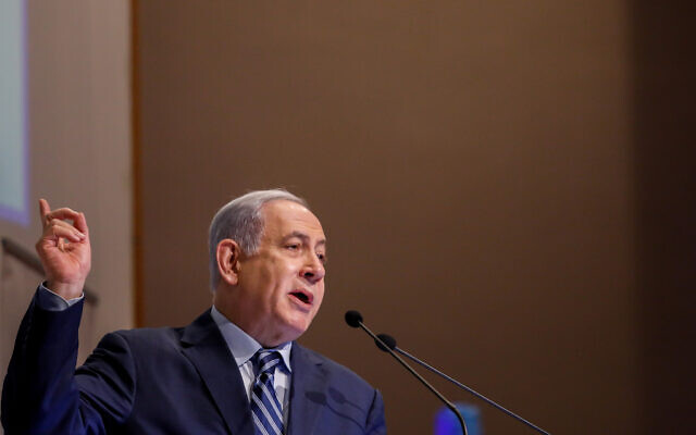 Prime Minister Benjamin Netanyahu speaks during the Kohelet Forum Conference at the Begin Heritage Center, in Jerusalem, on January 8, 2020. (Olivier Fitoussi/Flash90) Prime Minister Benjamin Netanyahu speaks during the Kohelet Forum Conference at the Begin Heritage Center, in Jerusalem, on January 8, 2020. (Olivier Fitoussi/Flash90)