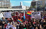 High school students, protesting against Education Minister Rafi Peretz who appeared to call same-sex marriage unnatural, seen during a demonstration at Rabin Square in Tel Aviv, on January 15, 2020. (Tomer Neuberg/Flash90)